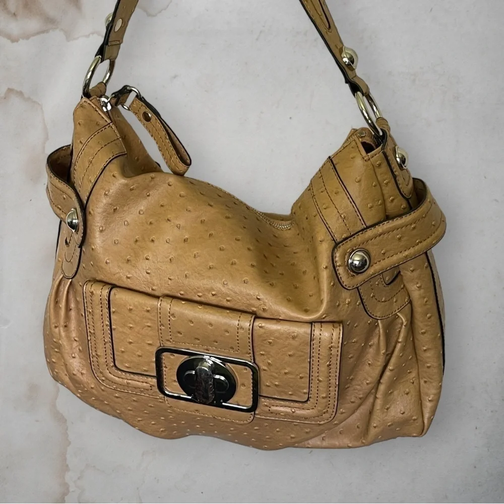GUESS Enchanted Faux Ostrich Leather Tan and Silver Hobo Bag